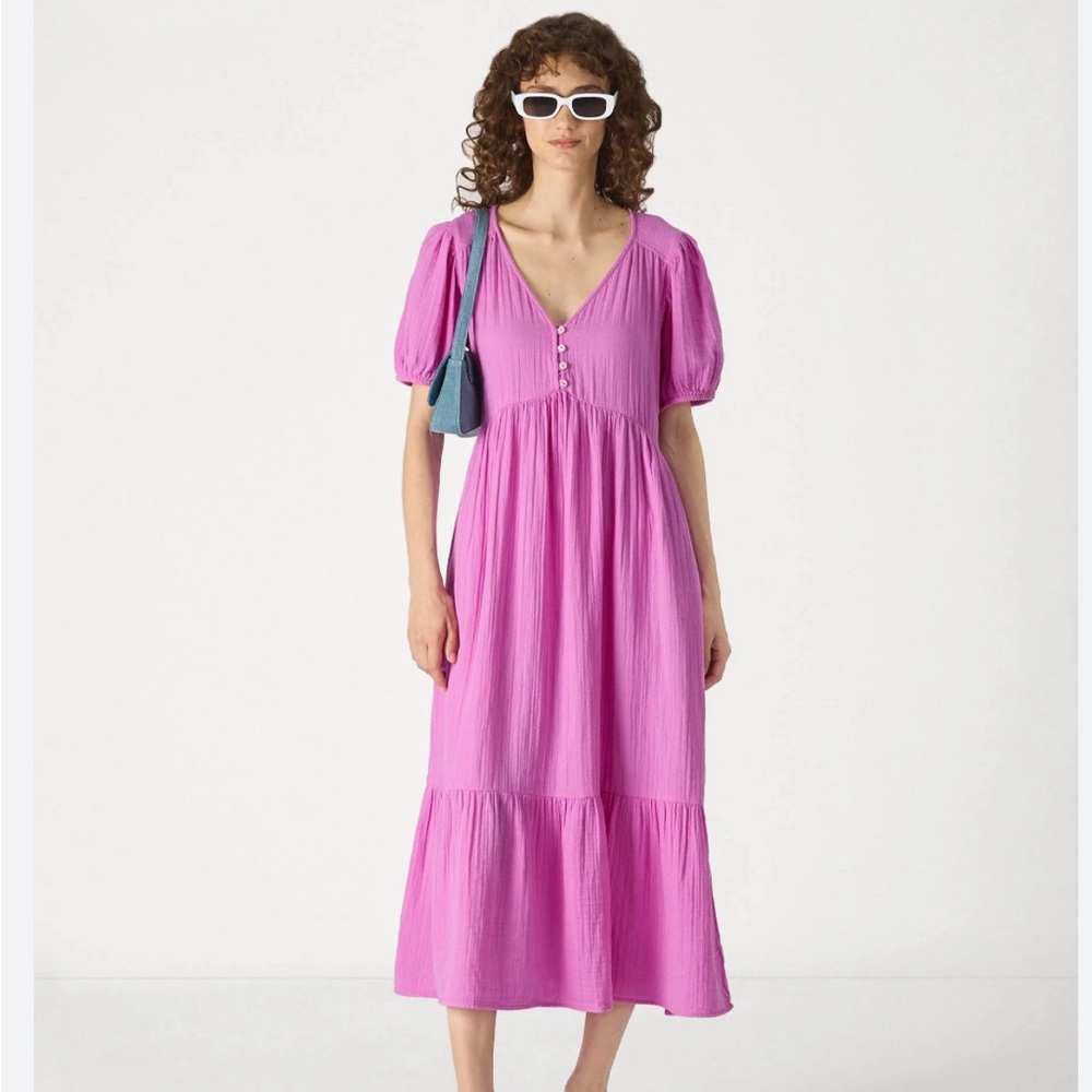 GAP Pink Crinkle Gauze Puff Sleeve Midi Dress Large TALL